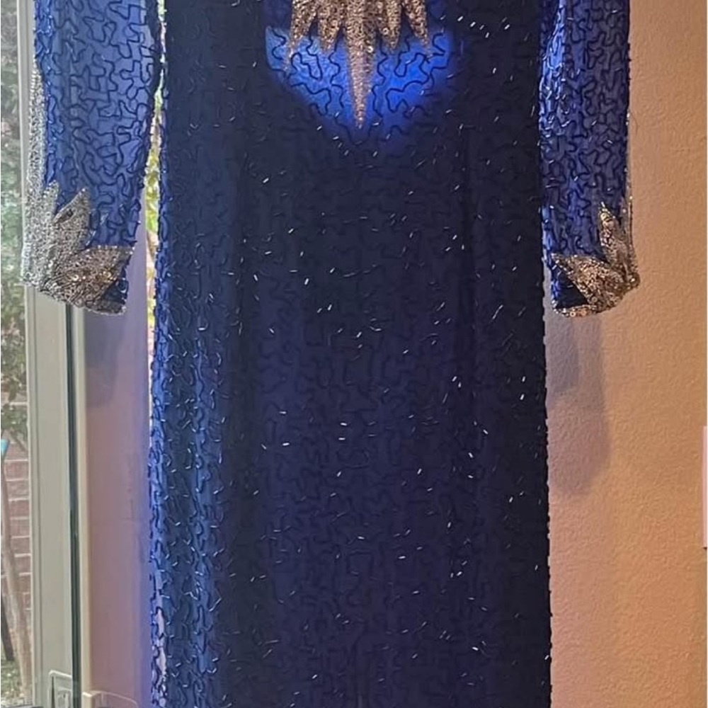 Lillie Rubin Blue Sequin Embellished Long Sleeve Gown